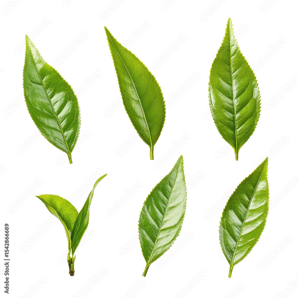 Poster different varieties of tea leaves isolated on a transparent background showcasing their unique shape