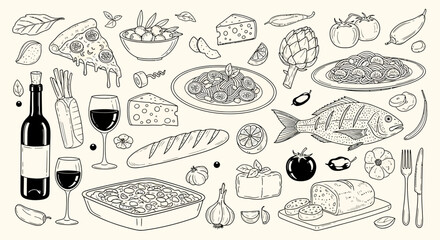 Collection of Hand-Drawn Italian Cuisine Illustrations: Pizza, Pasta, Fish, Wine, and Bread