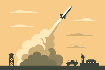 Rocket Launching with Smoke and Military Base Silhouettes in the Sky