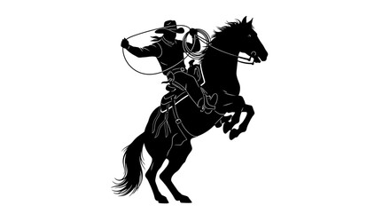 Black Silhouette of Cowboy Riding Rearing Horse with Lasso in Hand