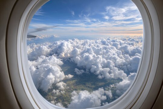 An airplane window view of clouds a wing tip and blue sky