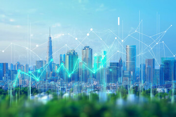 Sustainable city, financial graphs, renewable energy 