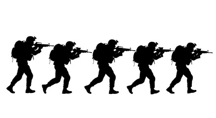 Silhouette of Soldiers Advancing with Rifles and Backpacks in Formation