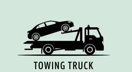 Black Towing Truck with Car Silhouette on Light Green Background