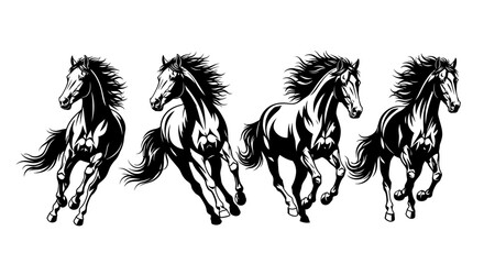 Four Black Horses in Motion: Dynamic Running Stallions, Stylized Black and White Vector Illustration © tere