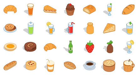 Colorful Isometric Collection of Various Food and Drink Items