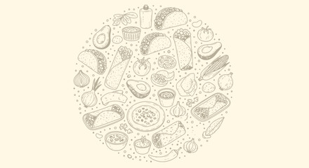 Hand-Drawn Mexican Food Circle: Tacos, Burritos, Avocado, and Corn Illustration