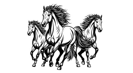 Three Running Horses Vector Illustration in Black and White Graphic Style