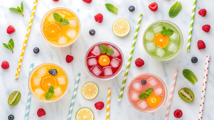 Refreshing Fruity Beverages with Colorful Straws A Vibrant and Appetizing Summer Drink Assortment