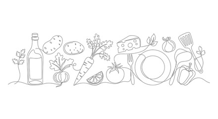 Obraz premium Continuous Line Drawing of Various Food Items and Utensils