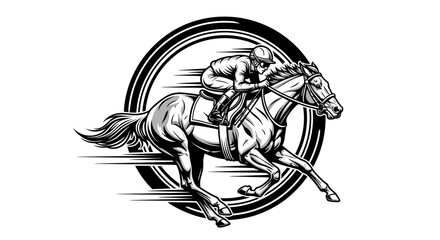 Jockey and Horse in Full Gallop, Vintage Style, Black and White Silhouette