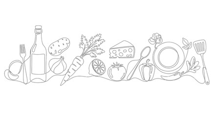 One-Line Drawing of Culinary Ingredients and Utensils