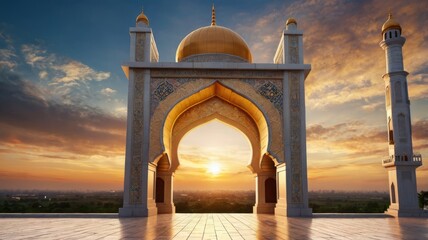 Mosque door arch with landscape view and sunset scene background.