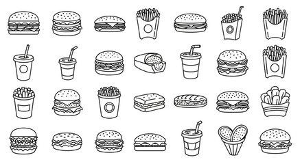 Outlined Fast Food Icons: Burgers, Fries, Drinks, and Sandwiches