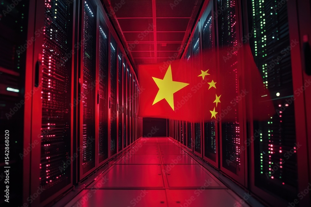 Poster digital data processing with the flag of china in a server room illuminated by red lights, flag of c