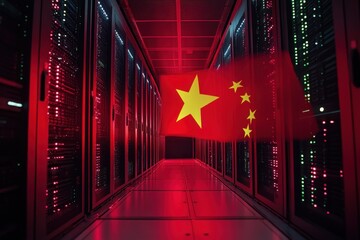Digital data processing with the flag of China in a server room illuminated by red lights, flag of china and digital data processing over computer servers
