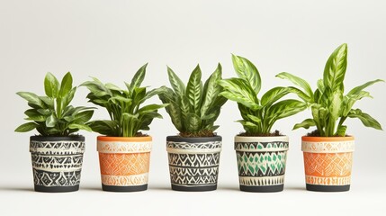Fototapeta premium A row of five potted green houseplants with glossy leaves in decorative colorful ceramic pots on white background