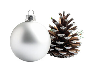 White and silver ornament with a pine cone and a silver ball 
