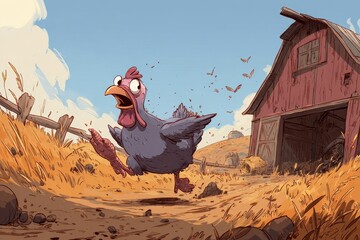 A frightened fowl scurries across a rural landscape.