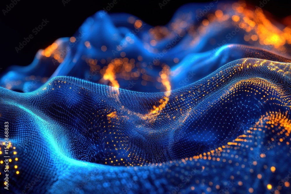 Poster vibrant blue magic energy particle waves illustrate dynamic movement and radiant colors, blue magic 
