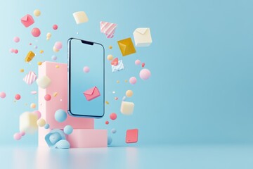 Shopping icons flying out from mobile screen, modern 3D composition with vibrant blue backdrop