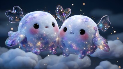 dreamy kawaii animals floating, kawaii pet expressions on floating clouds with sparkly cheeks, kawaii pet expressions dreamy wings, kawaii pet expressions surreal animals, 