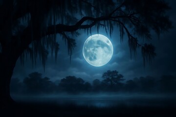 Naklejka premium Haunting Nocturnal Landscape With Silhouetted Trees And Full Moon