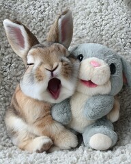 kawaii pet expressions of sleepy bunny yawning hugging plushie, kawaii pet expressions bunny photography, kawaii pet expressions sleepy moment. yawning rabbit cute expression.
