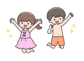 ジャンプする水着姿の子どもたち