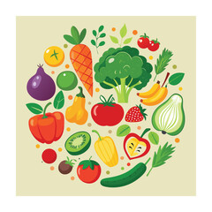 Healthy Eating: Colorful Fruits and Vegetables Illustration Arranged in a Circle