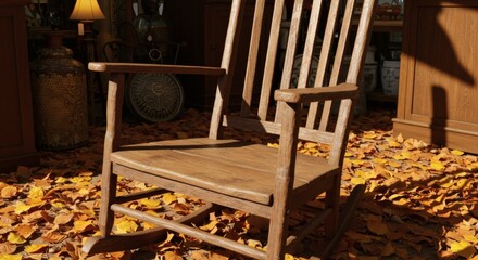 Rustic Wooden Rocking Chair on Autumn Leaves Peaceful Fall Scene