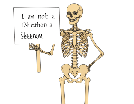 Skeleton holding a sign that says "I am not a skeleton