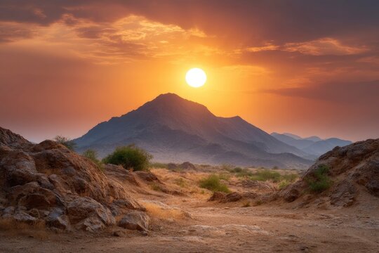 Desert landscape featuring mountains at sunset with a clear sky and rocky foreground