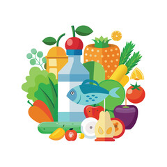 Healthy Food Group: Fruits, Vegetables, Protein & Drink Flat Design Vector