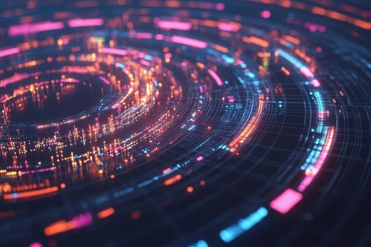 Futuristic circular interface showcasing advanced data processing in a digital landscape, Futuristic circular interface with data processing over grid background