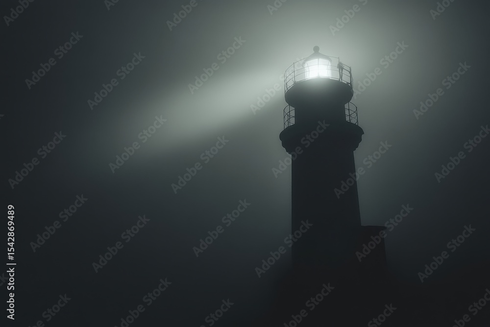 Aufkleber light beams from the top of a solitary lighthouse through thick fog at night, a rotating light beams