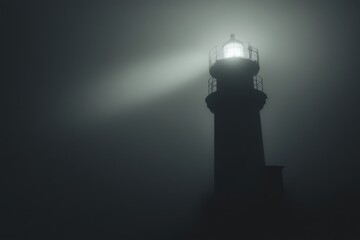 Light beams from the top of a solitary lighthouse through thick fog at night, A rotating light beams from the top of a solitary lighthouse on a foggy night
