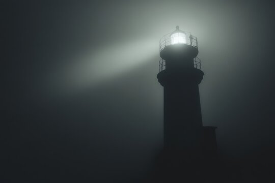 Light beams from the top of a solitary lighthouse through thick fog at night, A rotating light beams from the top of a solitary lighthouse on a foggy night