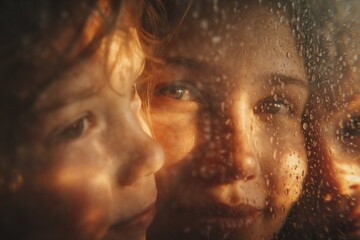 Mother and child looking through a window covered in raindrops with a warm and soft lighting effect