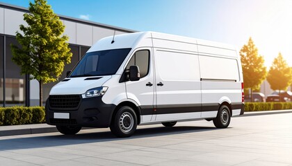 Naklejka premium Modern White Delivery Van Parked Outside Business Building on Sunny Day