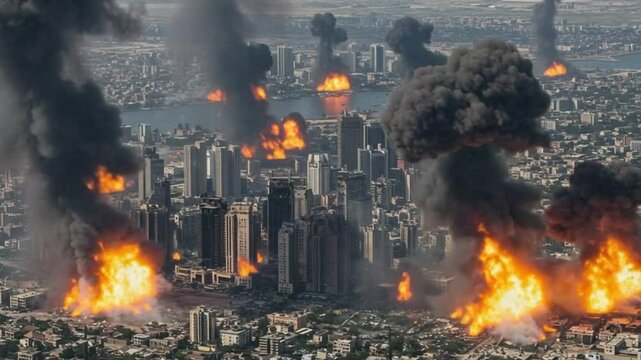 Aerial view of a city engulfed in fire and smoke as multiple highrise buildings burn during a devastating conflict