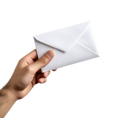 Hand holding a white envelope against a clean white background with clear focus on the envelopes details, Hand Holding a White Envelope on white background Delivery mail concept, white background