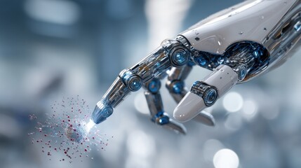 A robotic hand with metal joints and white panels touching a cluster of small red and white particles