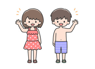 手を振る水着姿の子どもたち