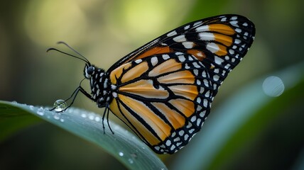 Fototapeta premium Monarch butterfly with orange and black wings perched on a green leaf
