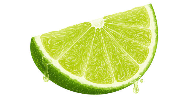 Realistic illustration of a juicy lime slice with dripping fresh citrus juice
