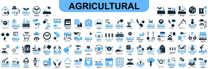 Set agriculture farming icon vector for various aspects of cultivation, livestock, and rural life. Ideal for agricultural businesses, food production, and sustainable development themes.