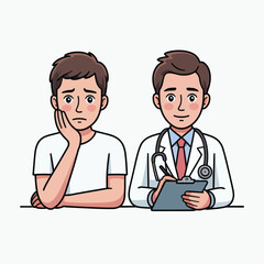Cartoon illustration of a sad patient visiting a doctor who is taking notes on a clipboard