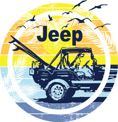 Retro Jeep Graphic with Dog and Surfboards, Perfect for Summer Apparel