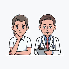 Fototapeta premium Cartoon illustration of a sad patient visiting a doctor who is taking notes on a clipboard